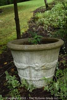 Large Cast Cement Garden Planter with Vine Wreath Decoration. 