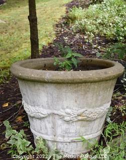 Large Cast Cement Garden Planter with Vine Wreath Decoration. 