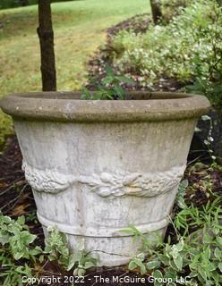 Large Cast Cement Garden Planter with Vine Wreath Decoration. 