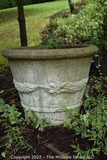 Large Cast Cement Garden Planter with Vine Wreath Decoration. 