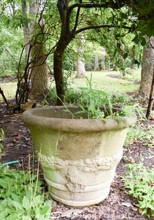 Large Cast Cement Gardem Planter with Vine Wreath Decoration.20"tall