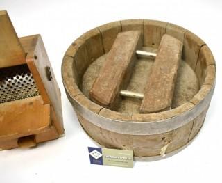 Vintage Primitive Lariana Wood Box Hand Crank Grater And Round Wood Cheese Press