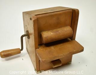 Vintage Primitive Lariana Wood Box Hand Crank Grater And Round Wood Cheese Press