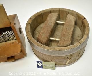 Vintage Primitive Lariana Wood Box Hand Crank Grater And Round Wood Cheese Press