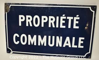 French Enamel Propriété Communale (Communal Property) Street Sign