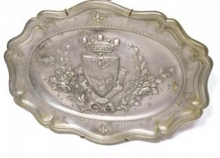 Antique German Embossed Pewter Hunting Platter or Charger with Sheild.  