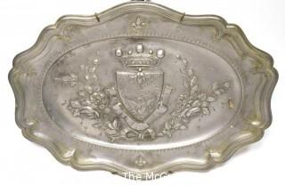 Antique German Embossed Pewter Hunting Platter or Charger with Sheild.  