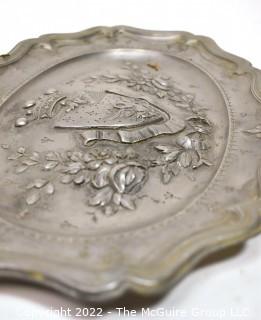 Antique German Embossed Pewter Hunting Platter or Charger with Sheild.  