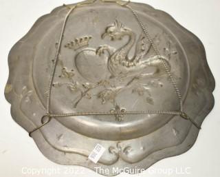 Antique German Embossed Pewter Hunting Plate or Charger with Dragon.  