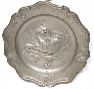 Antique German Embossed Pewter Hunting Plate or Charger with Dragon.  