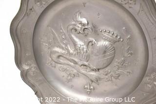 Antique German Embossed Pewter Hunting Plate or Charger with Dragon.  