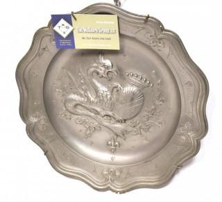 Antique German Embossed Pewter Hunting Plate or Charger with Dragon.  