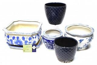 Five (5) Blue and White Asian Style Porcelain Planters. 