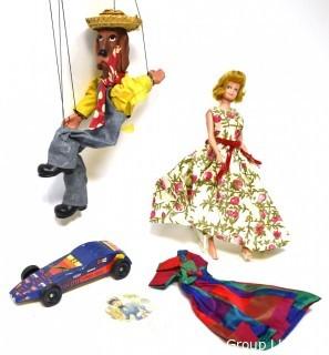 Collection of Vintage Toys Including Barbie Doll and Clothes, Marrionette Puppet and Pinewood Derby Car 