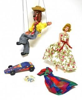 Collection of Vintage Toys Including Barbie Doll and Clothes, Marrionette Puppet and Pinewood Derby Car 