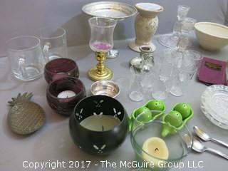 Collection including sterling compote, set of 6 sterling salts, pair of glass candlesticks and set of 6 etched glasses 