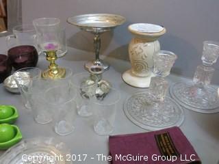 Collection including sterling compote, set of 6 sterling salts, pair of glass candlesticks and set of 6 etched glasses 