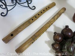 Collection including flutes, leather covered thermos and gourds