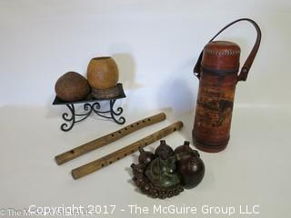 Collection including flutes, leather covered thermos and gourds