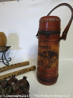 Collection including flutes, leather covered thermos and gourds