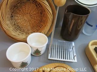 Collection including treenware, breadbaskets, Walt Disney tray, agatized wood bowl and Rosti Mepal-Melamine pitcher (Denmark) 