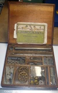 Early MECCANO metal construction set in wooden box w/ manual