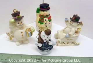 Collection of Four (4) Snowman Ornaments and Kitsch Lenox 