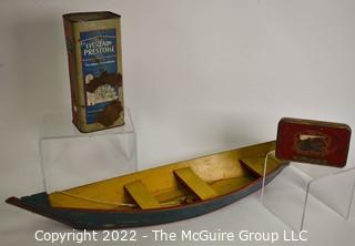 Eclectic Grouping: 24" rowboat with anchor; Cutout of Metal Eveready/Prestone Antifreeze Container and Tin Belvedere Cigar Box