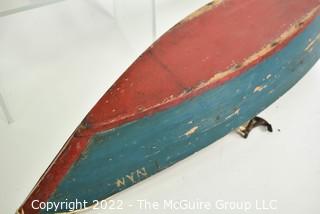 Eclectic Grouping: 24" rowboat with anchor; Cutout of Metal Eveready/Prestone Antifreeze Container and Tin Belvedere Cigar Box