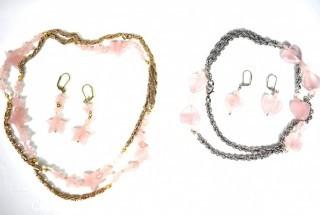 Two (2) Pink Quarts with Chain Necklaces and Matching Earrings.  