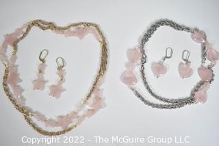 Two (2) Pink Quarts with Chain Necklaces and Matching Earrings.  