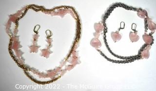 Two (2) Pink Quarts with Chain Necklaces and Matching Earrings.  