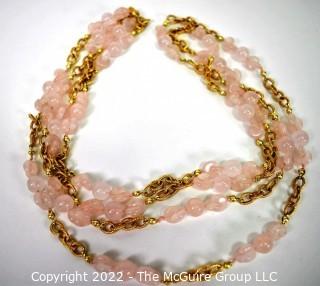 Pink Rose Quartz with Gold Tone Chain Opera Length Necklace.  