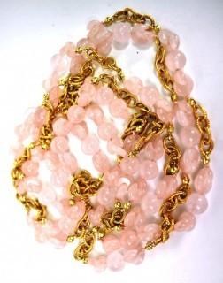 Pink Rose Quartz with Gold Tone Chain Opera Length Necklace.  