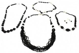 Four (4) Black Faceted and Clear Crystal Bead Necklaces