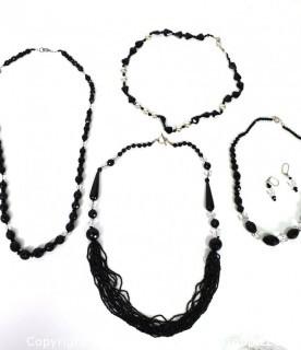 Four (4) Black Faceted and Clear Crystal Bead Necklaces