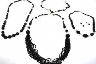 Four (4) Black Faceted and Clear Crystal Bead Necklaces