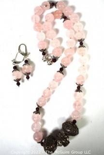 Pink Rose Quartz Bead Necklace with Ornate Silver Bead Accent and Matching Earrings.