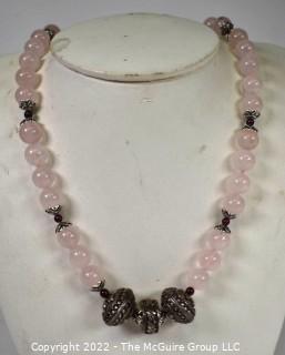 Pink Rose Quartz Bead Necklace with Ornate Silver Bead Accent and Matching Earrings.