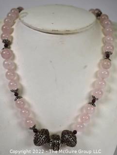 Pink Rose Quartz Bead Necklace with Ornate Silver Bead Accent and Matching Earrings.