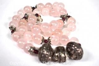 Pink Rose Quartz Bead Necklace with Ornate Silver Bead Accent and Matching Earrings.