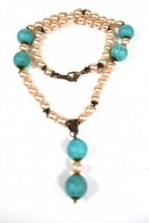 Turquoise with Faux Pearl Accents Necklace.  19".