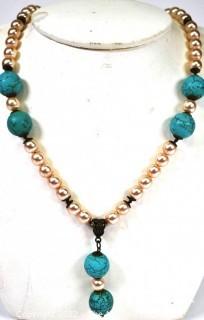 Turquoise with Faux Pearl Accents Necklace.  19".