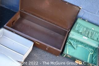 Three (3) Vintage Shipping and Storage Containers and a Green Suitcase