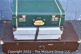 Three (3) Vintage Shipping and Storage Containers and a Green Suitcase