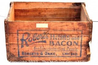 Large Vintage Roberts Ham And Bacon Wooden Crate. 19" x 15" x 27".