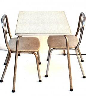 Mid Century Grey Speckle Formica & Chrome Child's Table with Two Chairs