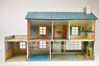 1950's Pressed Metal Litho Tin Dollhouse 2-Story with Garage