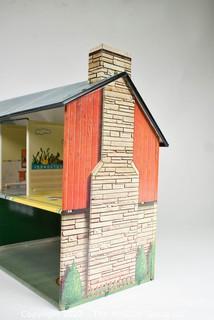 1950's Pressed Metal Litho Tin Dollhouse 2-Story with Garage