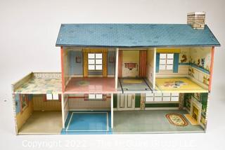 1950's Pressed Metal Litho Tin Dollhouse 2-Story with Garage